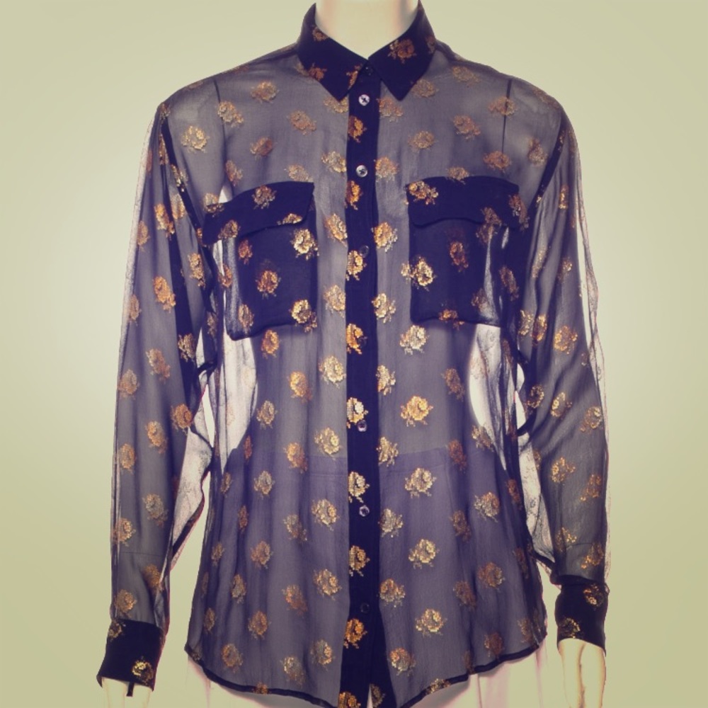 Equipment Metallic Navy & Gold 100% Silk Shirt